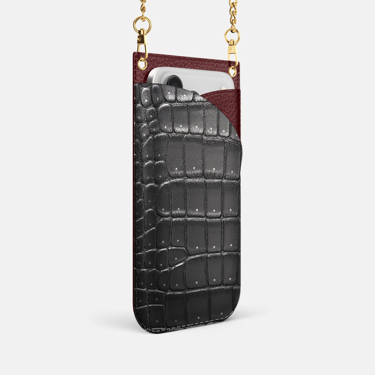 Crossbody Bag For iPhone 18 Pro In Porosus Crocodile -2 | Shiny-Black-Gold