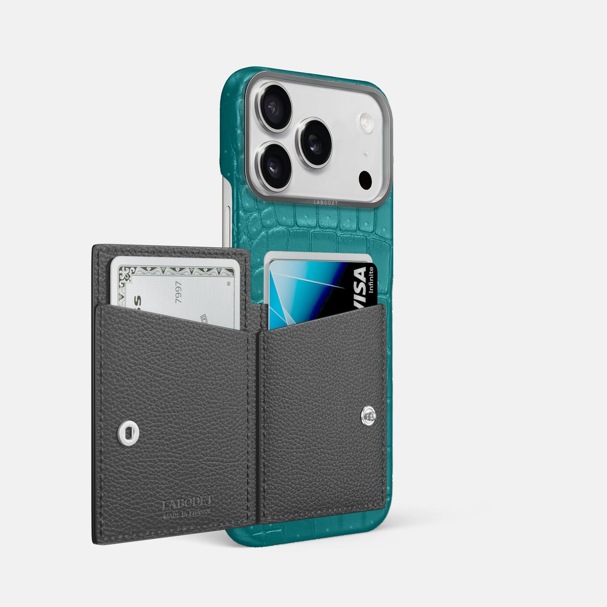 Bi-Fold Case For iPhone 18 Pro Max In Porosus Crocodile -2 | Celadon-Steel
