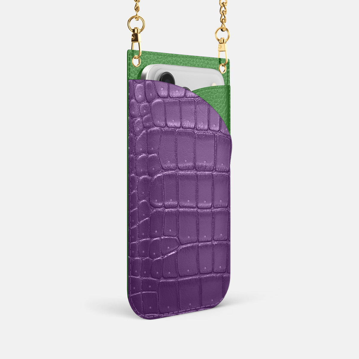 Crossbody Bag For iPhone 18 Pro In Porosus Crocodile -2 | Purple-Gold