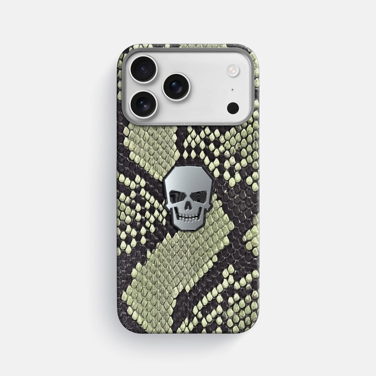 Classic Case With Titanium Skull For iPhone 18 Pro Max In Deluxe Python -1 | Army-Green-Steel