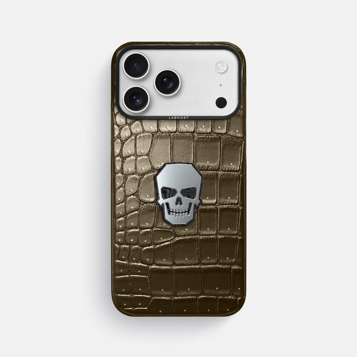 Classic Case With Titanium Skull For iPhone 18 Pro Max In Porosus Crocodile -1 | Bronze-Black