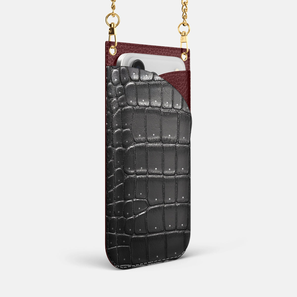 Crossbody Bag For iPhone 18 Pro Max In Porosus Crocodile -2 | Shiny-Black-Gold