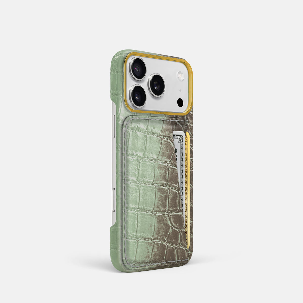 Double Card Case For iPhone 17 Pro In Himalayan Crocodile -2 | Pistachio-Gold