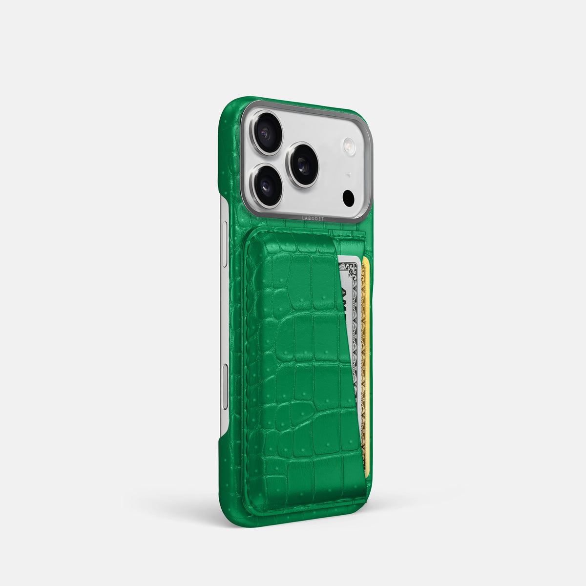Double Card Case For iPhone 17 Pro In Porosus Crocodile -2 | Cactus-Green-Steel