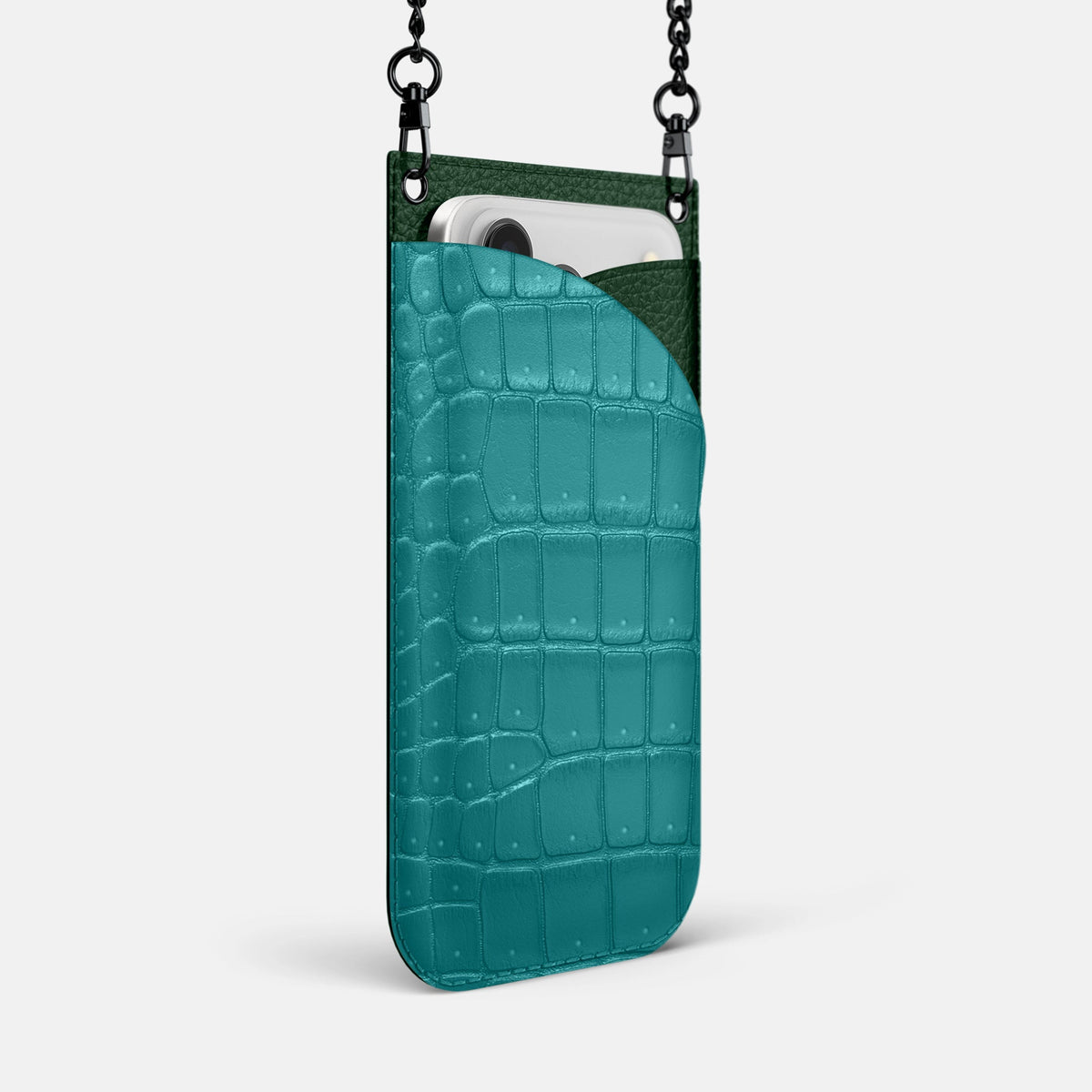 Crossbody Bag For iPhone 18 Pro Max In Porosus Crocodile -2 | Celadon-Black