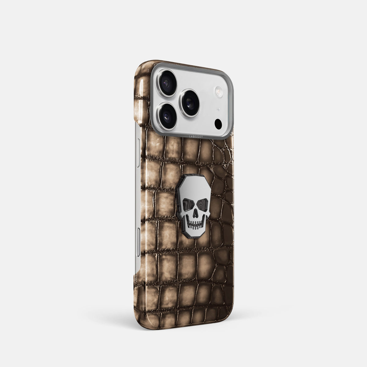 Classic Case With Titanium Skull For iPhone 18 Pro In Patina Alligator -2 | Etoupe-Steel