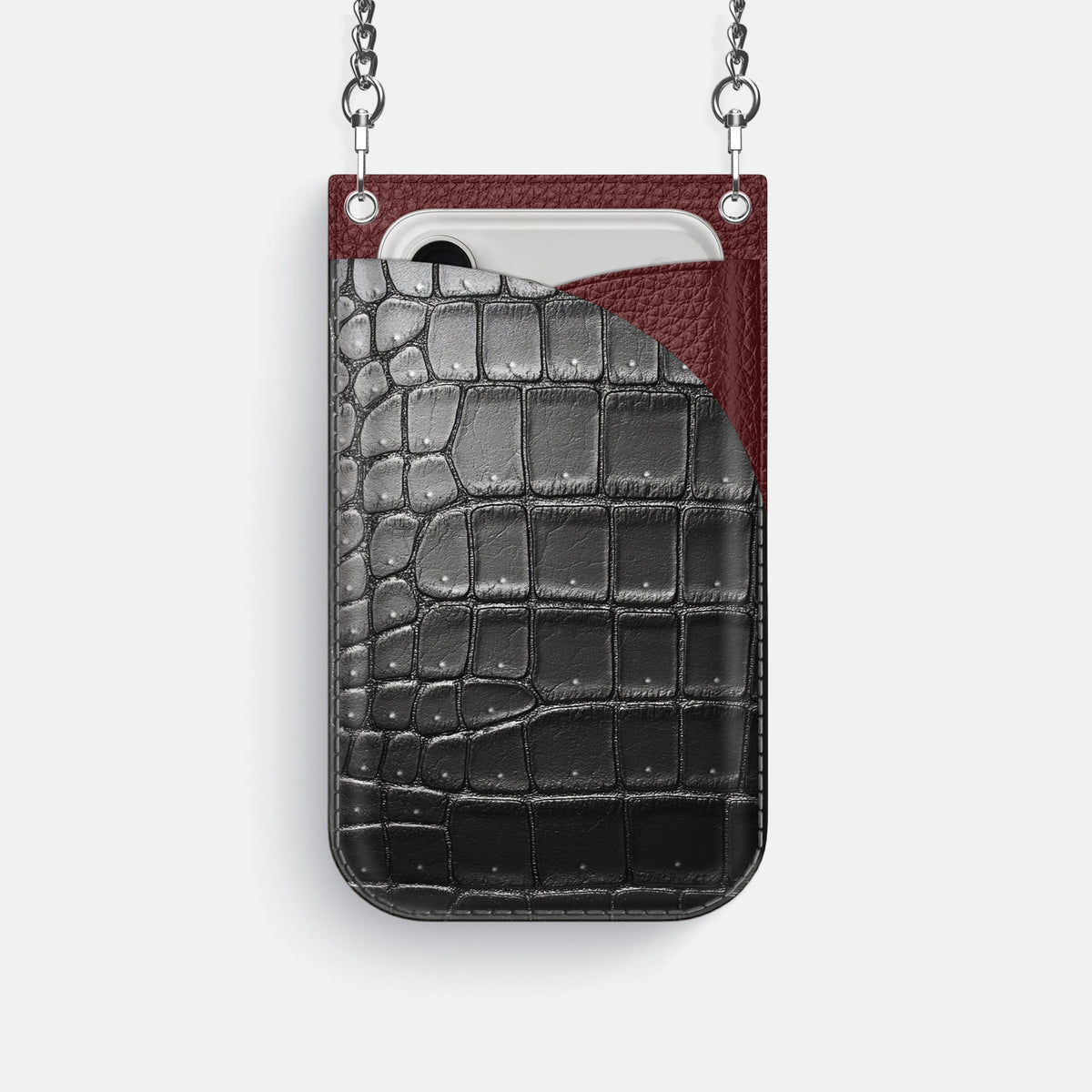 Crossbody Bag For iPhone 18 Pro In Porosus Crocodile -1 | Shiny-Black-Steel