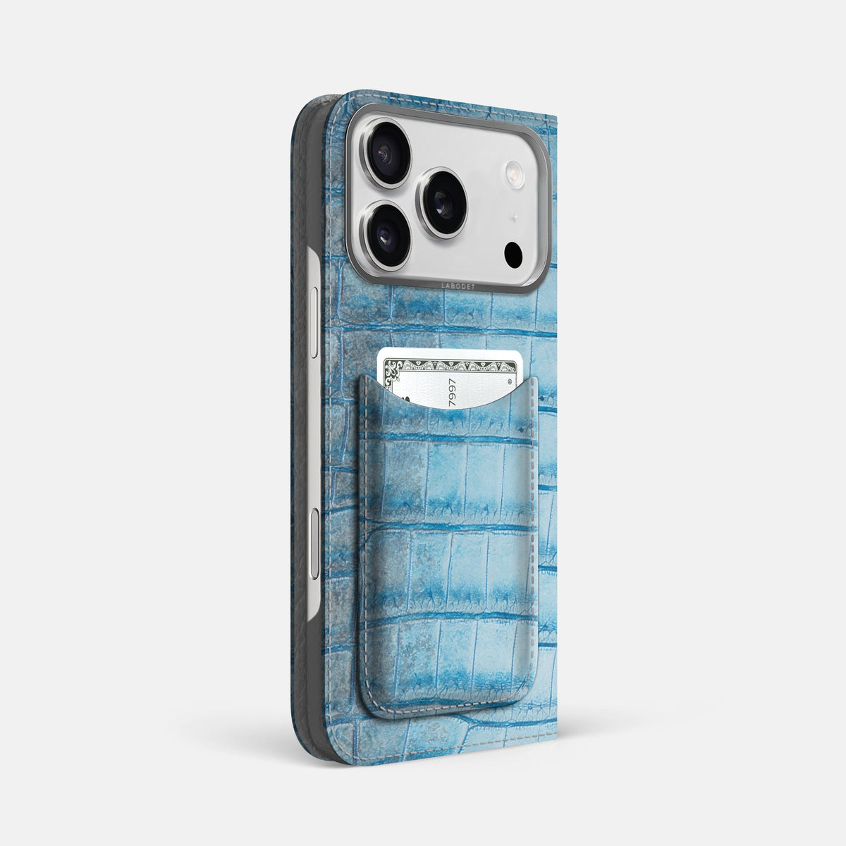 Folio Case with Card For iPhone 18 Pro Max In Himalayan Crocodile -1 | Ice-Blue-Steel