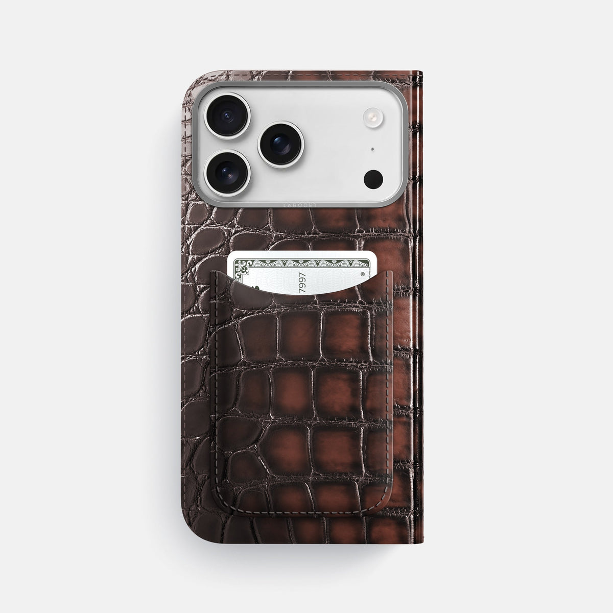 Folio Case with Card For iPhone 18 Pro Max In Patina Alligator -3 | Havana-Brown-Steel