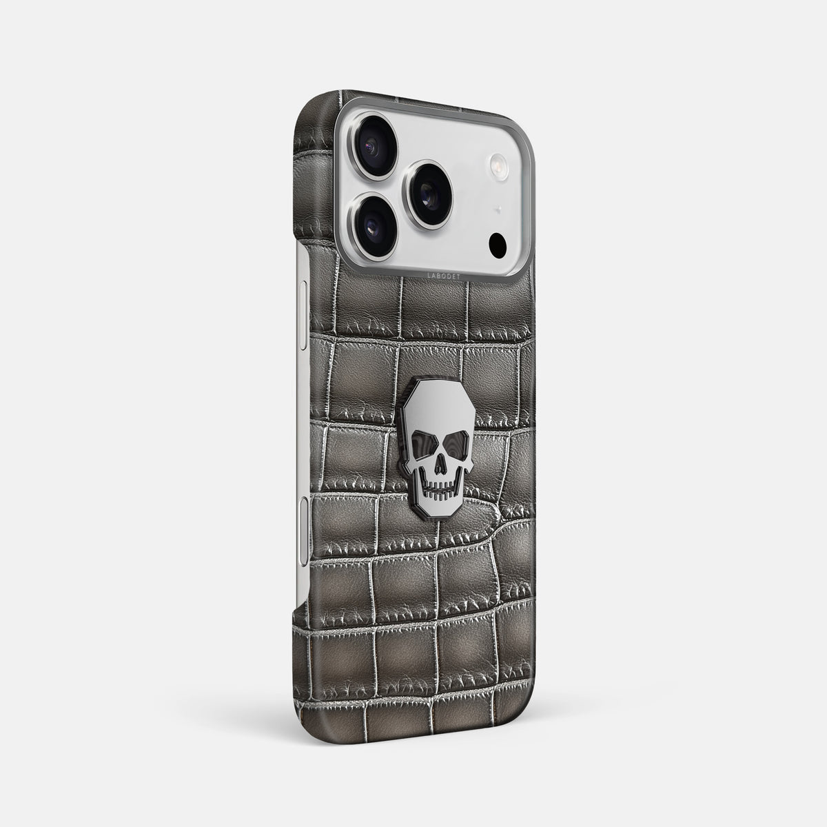 Classic Case With Titanium Skull For iPhone 17 Pro Max In Patina Alligator -2 | Grey-Steel