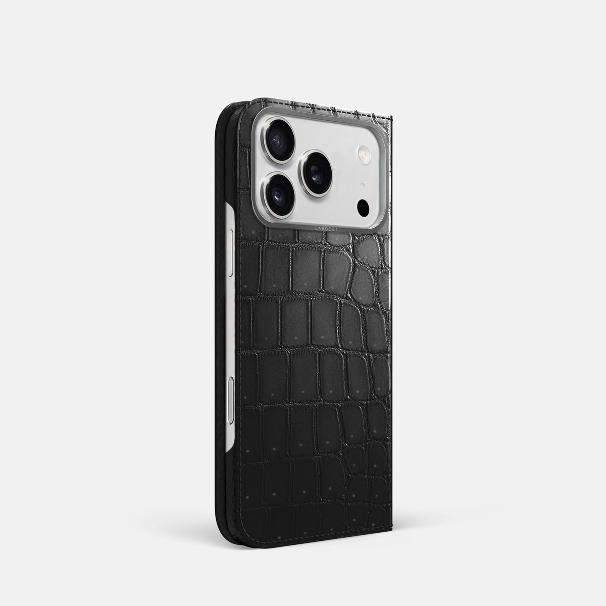 Folio Case For iPhone 17 Pro In Porosus Crocodile -1 | Shiny-Black-Steel