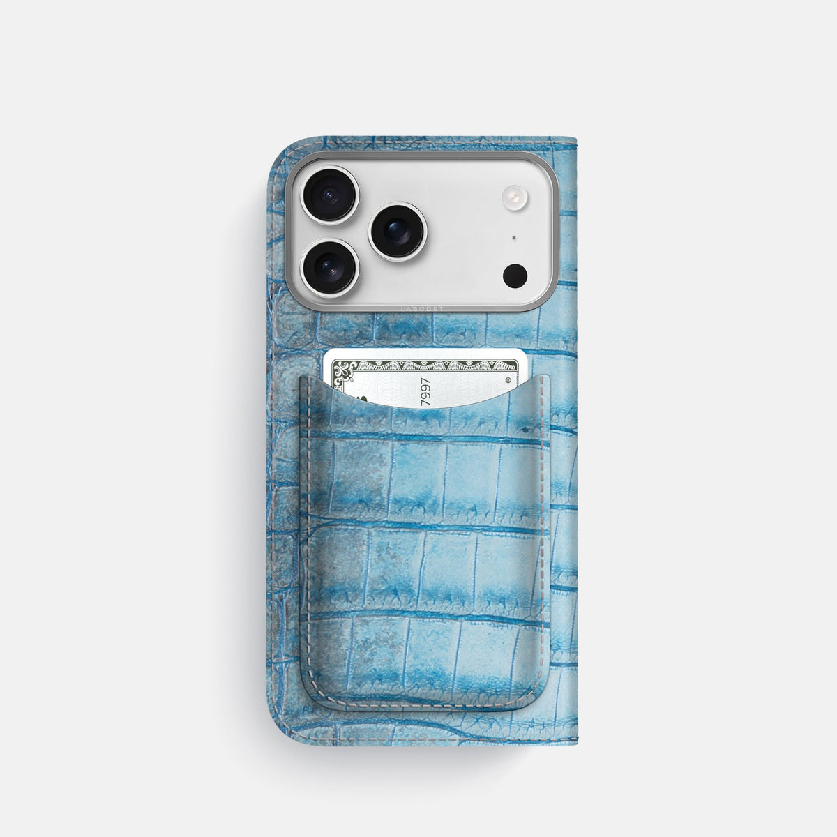 Folio Case with Card For iPhone 18 Pro In Himalayan Crocodile -3 | Ice-Blue-Steel