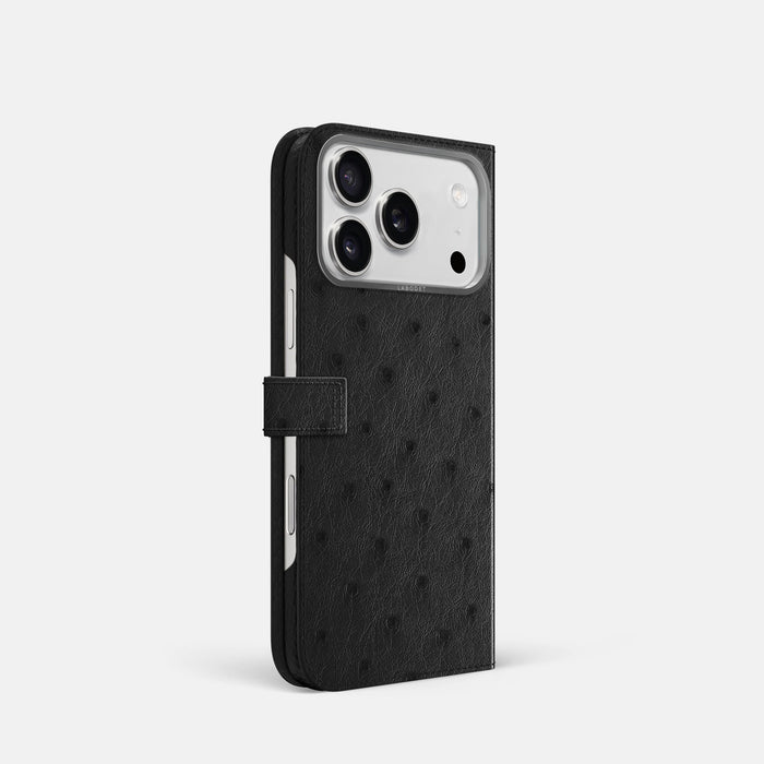 Folio Case with Clasp For iPhone 18 Pro In Ostrich -1 | Black-Steel