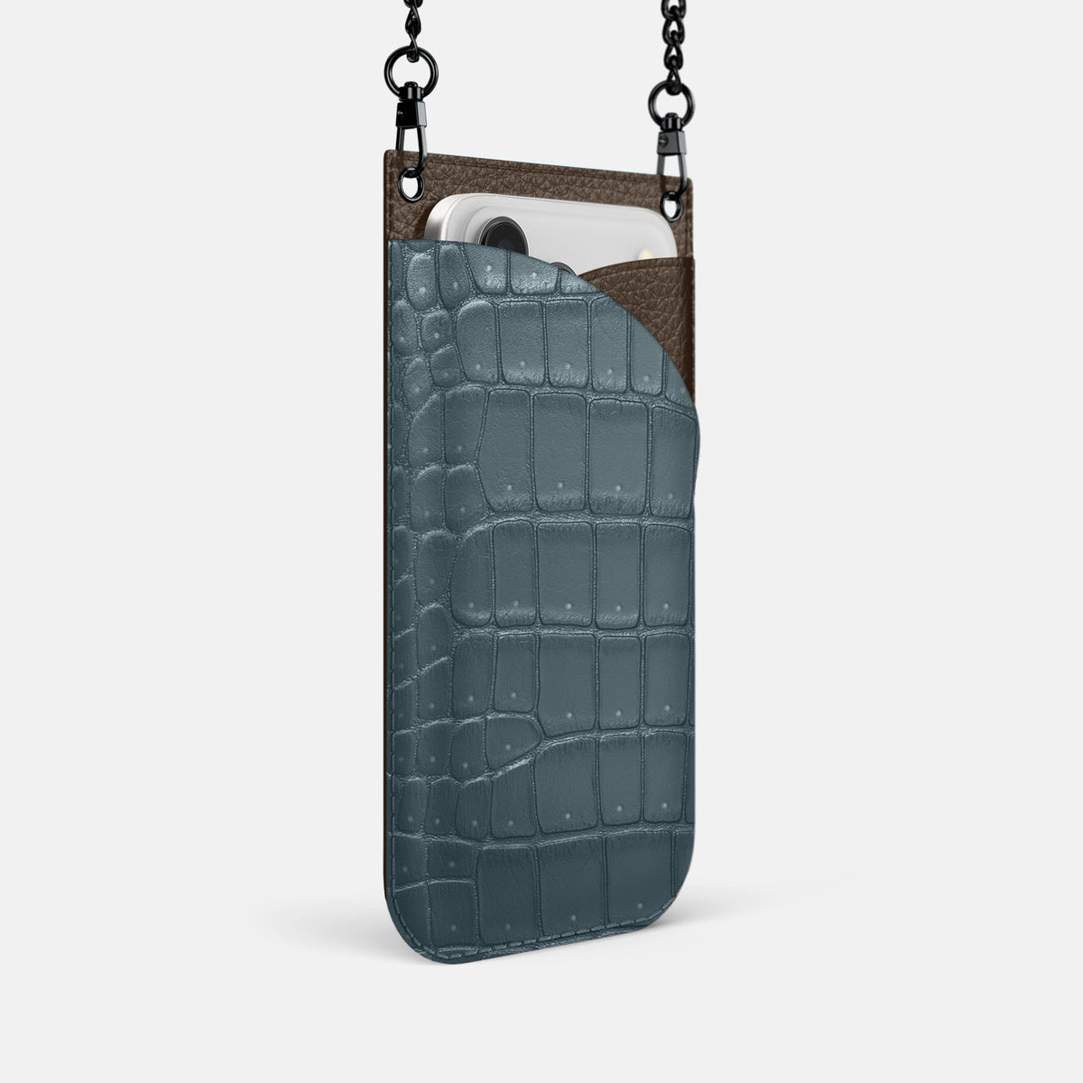 Crossbody Bag For iPhone 18 Pro In Porosus Crocodile -2 | Denim-Black