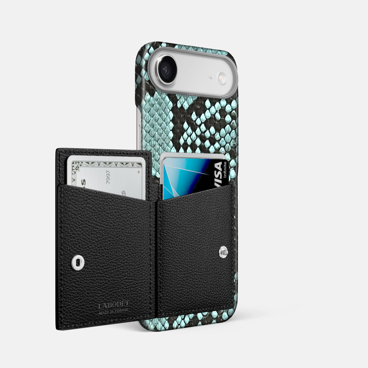 Bi-Fold Case For iPhone 17 Air In Deluxe Python -2 | Blue-Lagoon-Steel