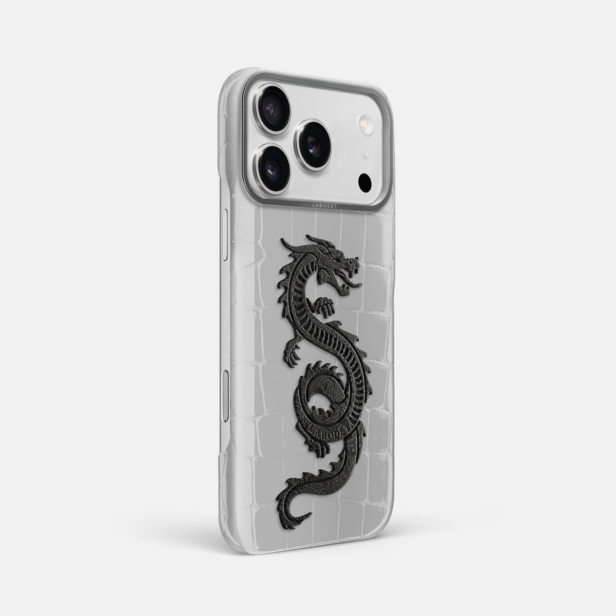 Classic Case With Carbon Dragon For iPhone 18 Pro Max In Shiny Alligator -2 | White-Steel
