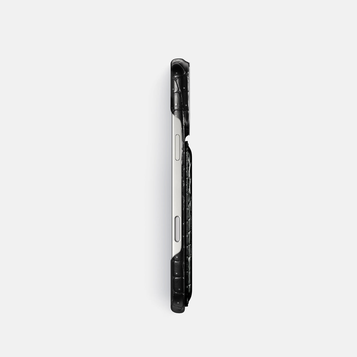 Double Card Case For iPhone 17 Pro In Porosus Crocodile -3 | Shiny-Black-Steel