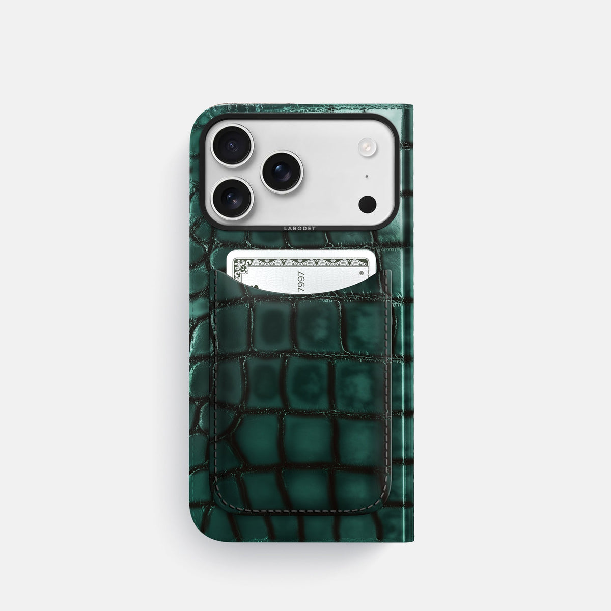 Folio Case with Card For iPhone 18 Pro In Patina Alligator -3 | Green-Black