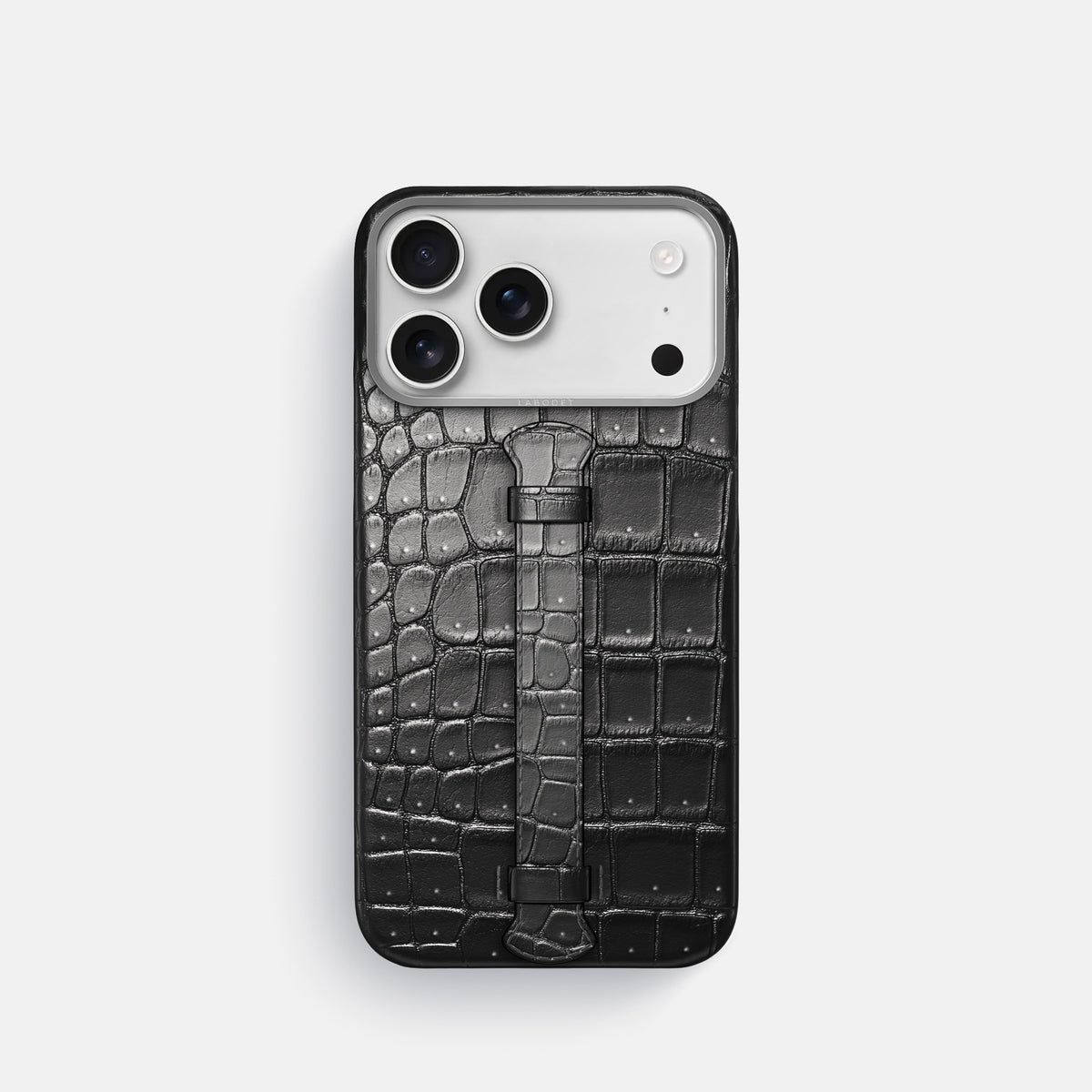 Center Handle For iPhone 17 Pro In Porosus Crocodile -1 | Shiny-Black-Steel
