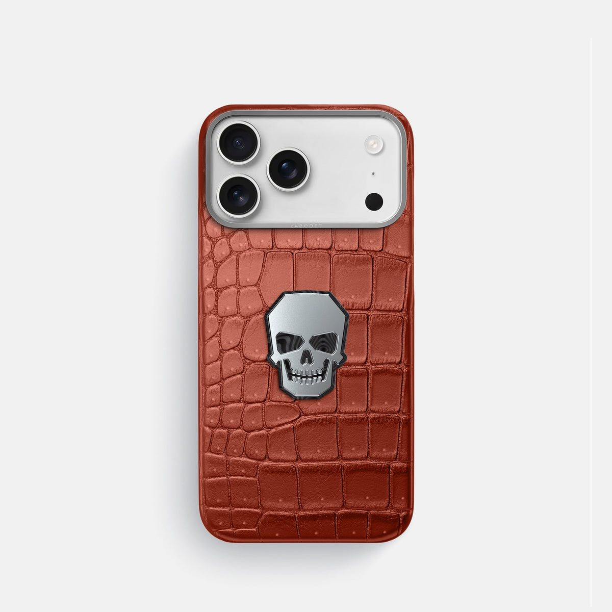 Classic Case With Titanium Skull For iPhone 18 Pro In Porosus Crocodile -1 | Mahogany-Brown-Steel