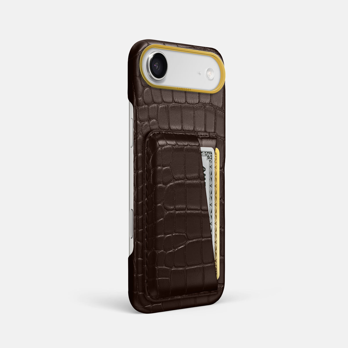 Double Card Case For iPhone 17 Air In Alligator -2 | Dark-Brown-Gold