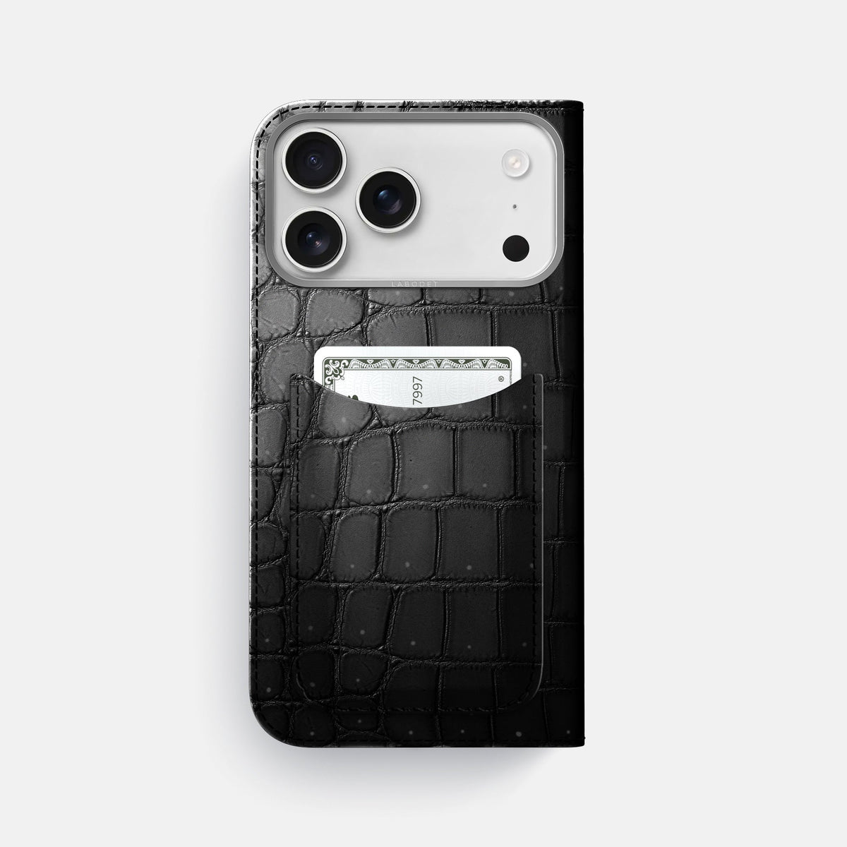 Folio Case with Card For iPhone 18 Pro Max In Porosus Crocodile -3 | Shiny-Black-Steel
