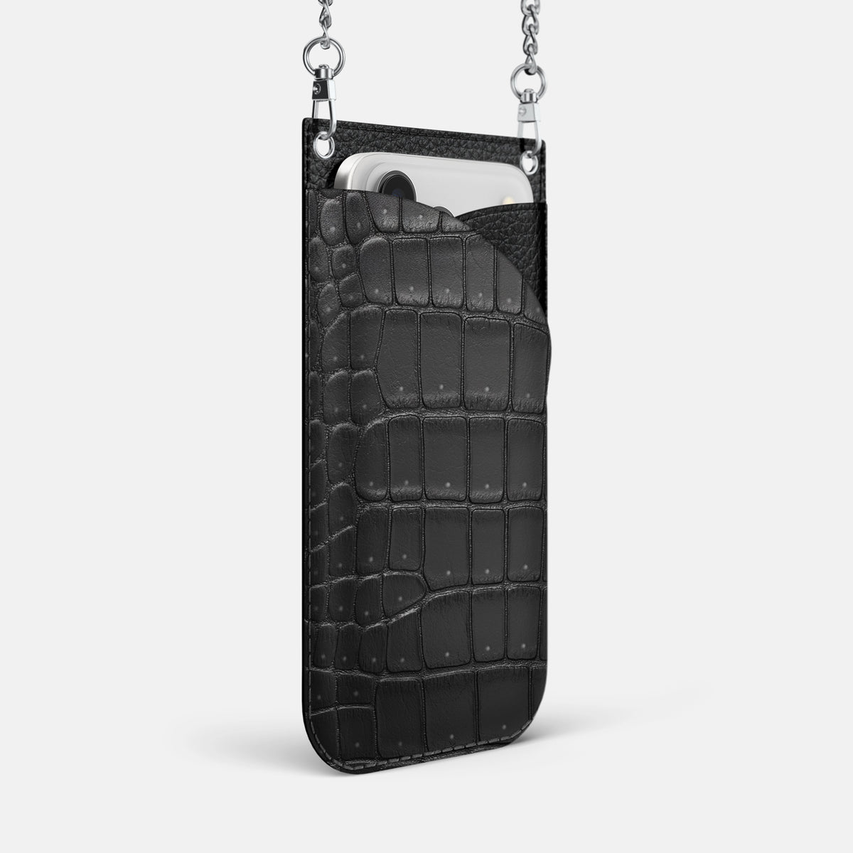 Crossbody Bag For iPhone 17 Pro Max In Porosus Crocodile -2 | Black-Steel