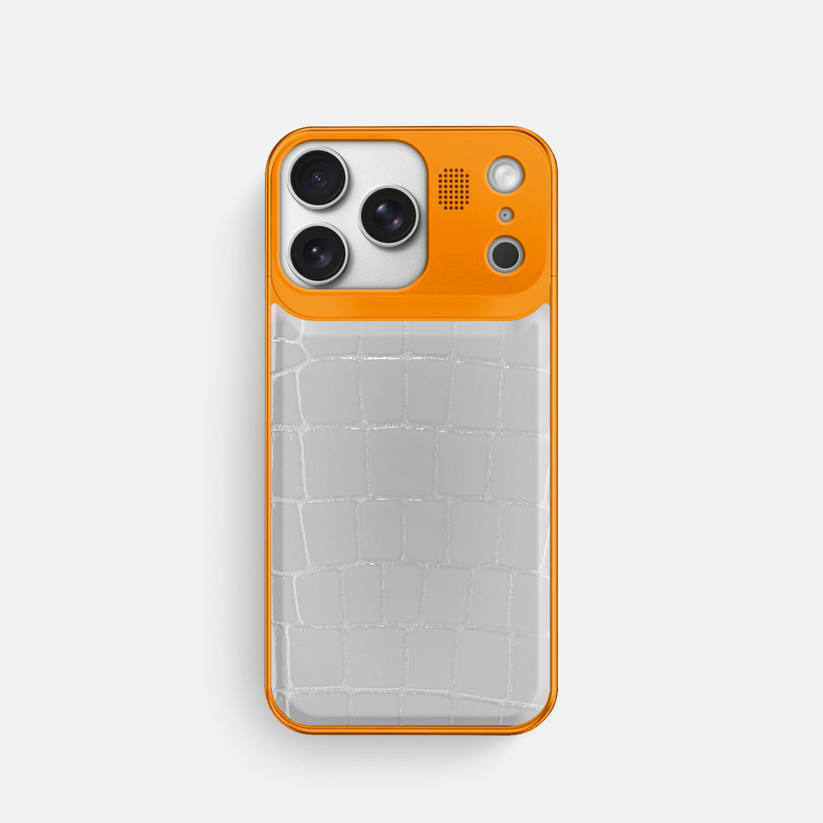 Metal Case For iPhone 17 Pro In Shiny Alligator -1 | White-Orange
