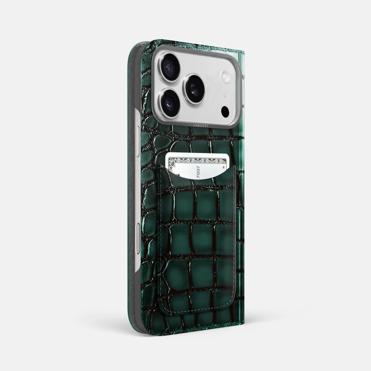 Folio Case with Card For iPhone 18 Pro Max In Patina Alligator -1 | Green-Steel