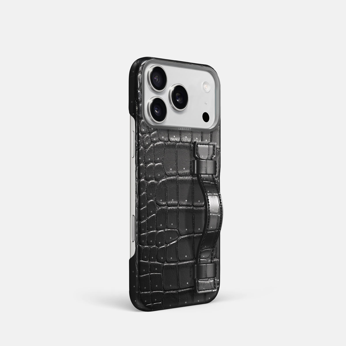 Handle Case For iPhone 17 Pro In Porosus Crocodile -2 | Shiny-Black-Steel