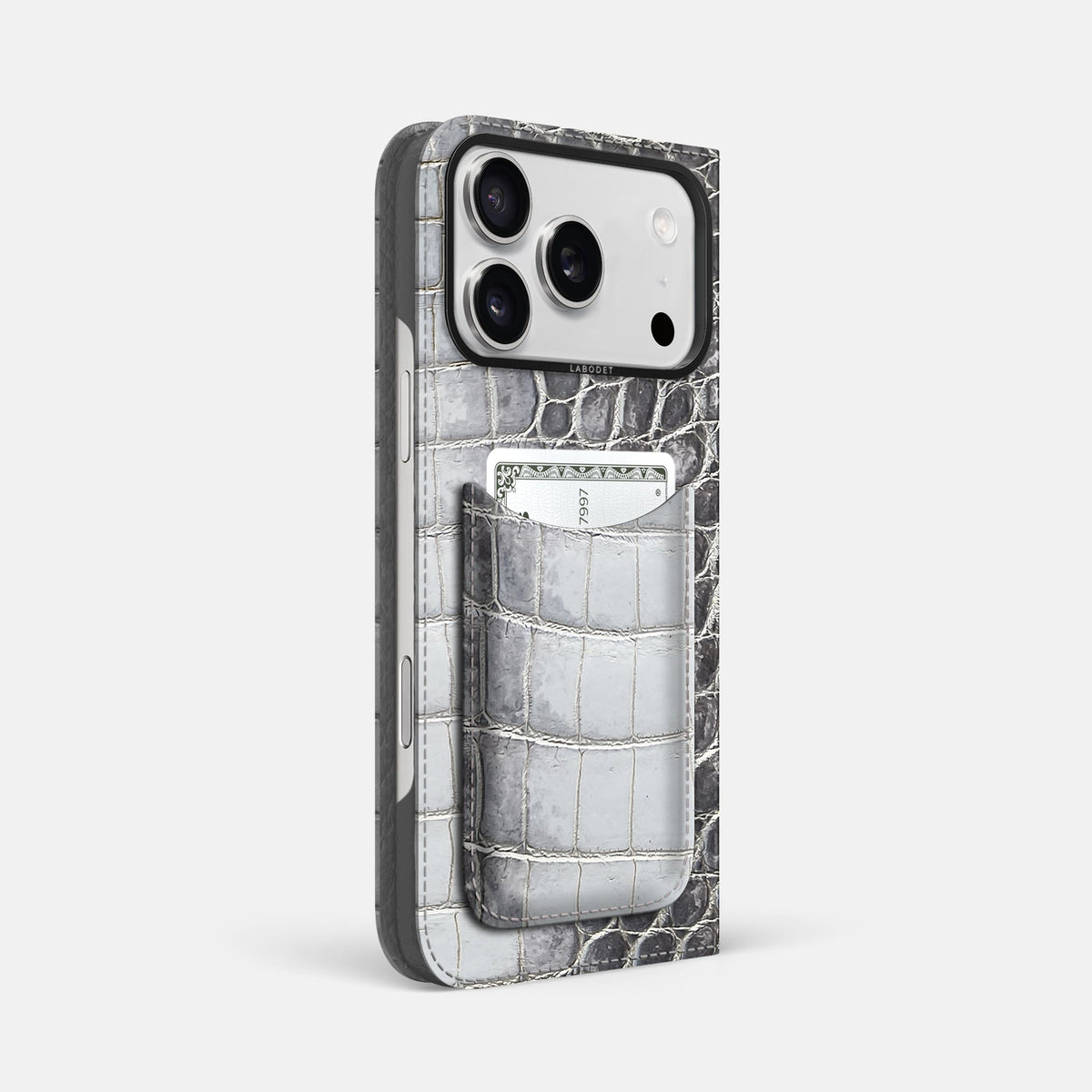 Folio Case with Card For iPhone 18 Pro Max In Himalayan Crocodile -1 | Silver-Black