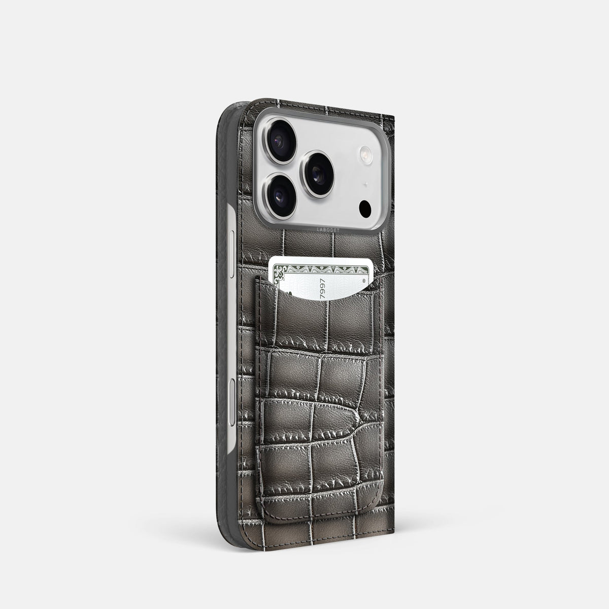 Folio Case with Card For iPhone 18 Pro In Patina Alligator -1 | Grey-Steel