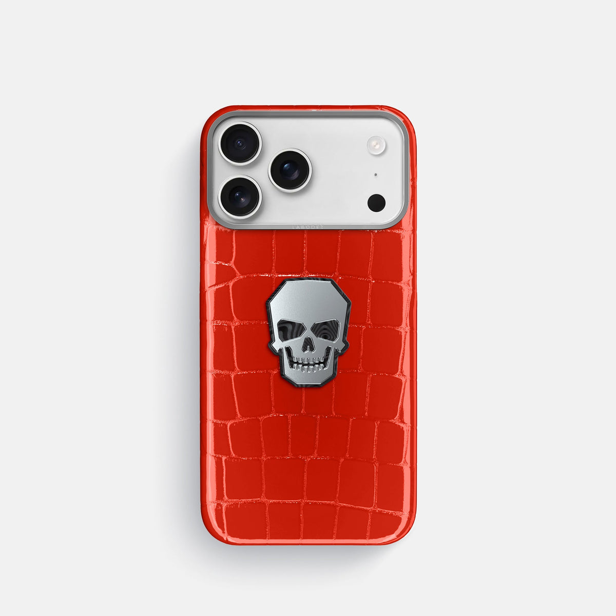 Classic Case With Titanium Skull For iPhone 18 Pro In Shiny Alligator -1 | Coral-Orange-Steel