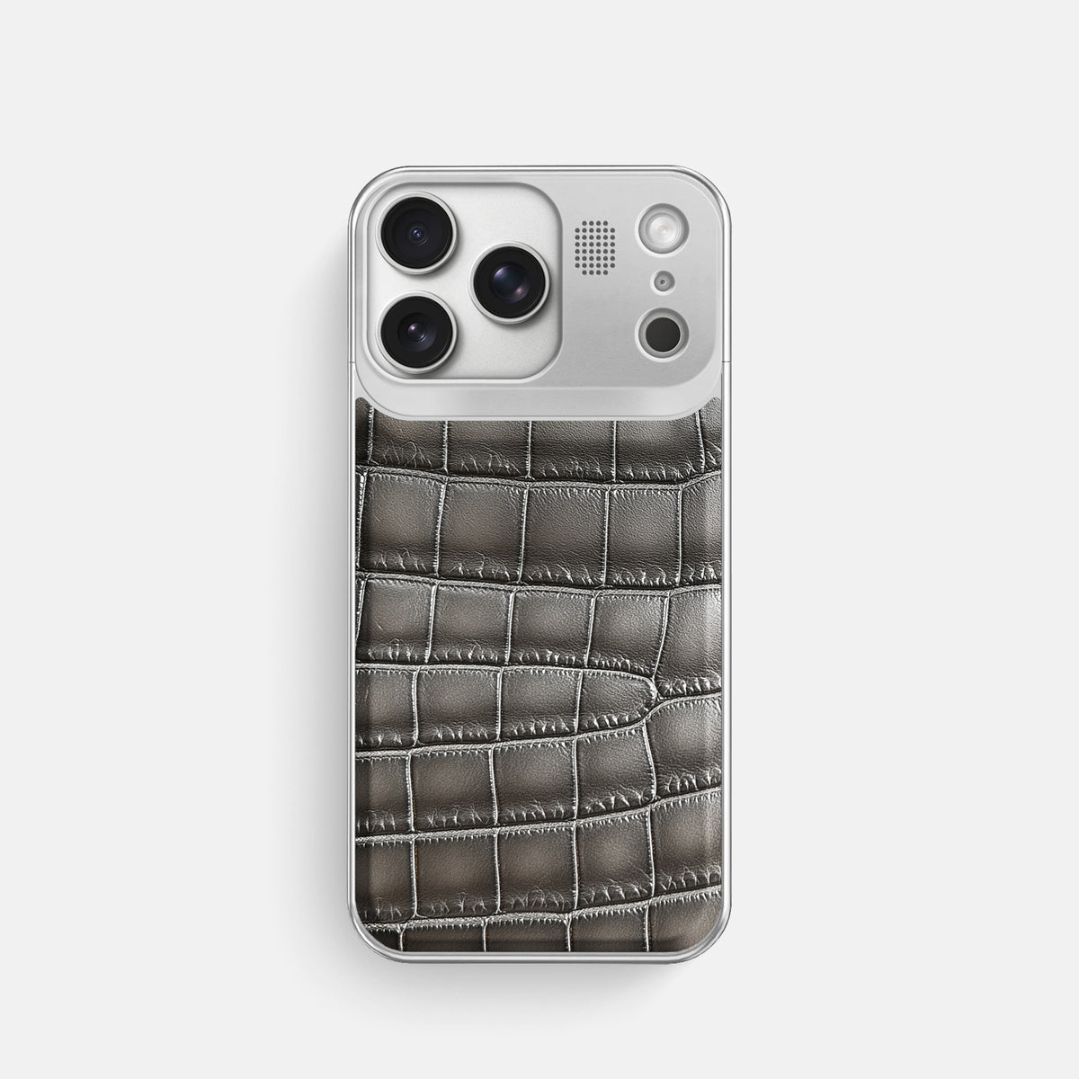 Metal Case For iPhone 17 Pro In Patina Alligator -1 | Grey-Steel
