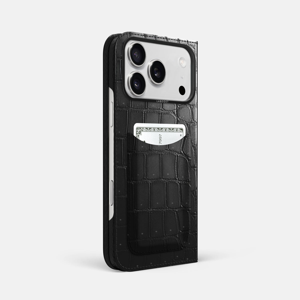 Folio Case with Card For iPhone 18 Pro Max In Porosus Crocodile -1 | Shiny-Black-Black