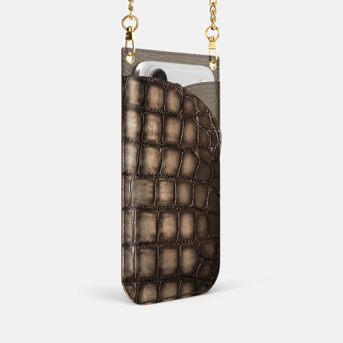 Crossbody Bag For iPhone 18 Pro In Patina Alligator -2 | Etoupe-Gold