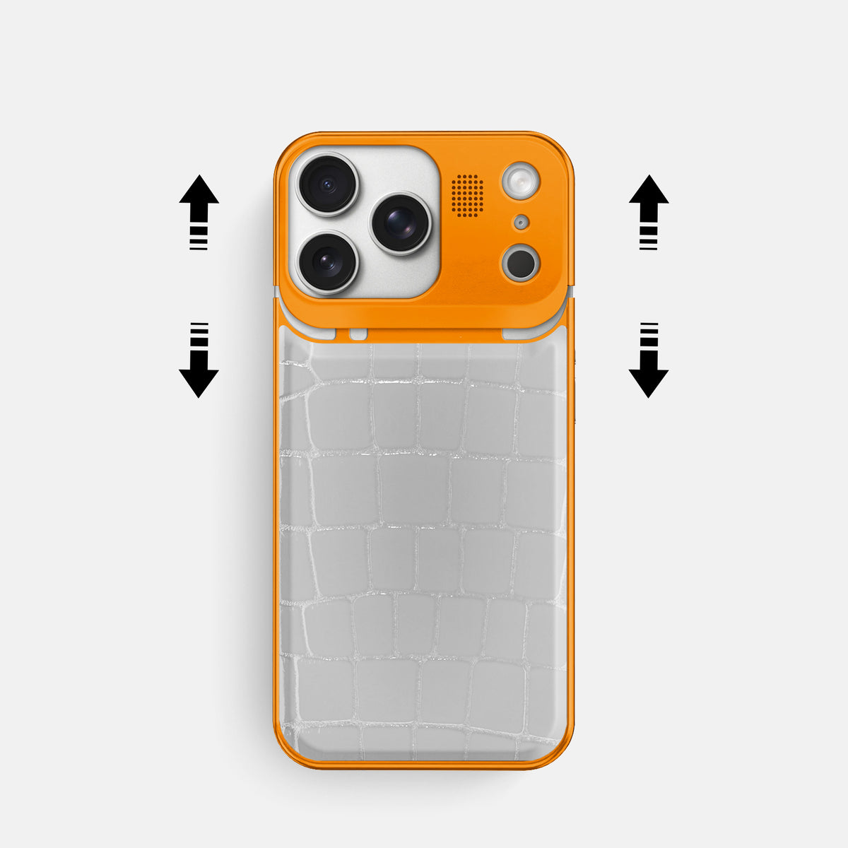 Metal Case For iPhone 17 Pro In Shiny Alligator -2 | White-Orange