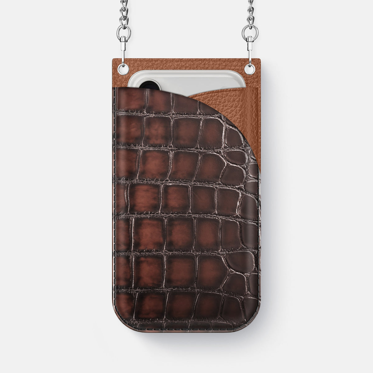 Crossbody Bag For iPhone 18 Pro Max In Patina Alligator -1 | Havana-Brown-Steel