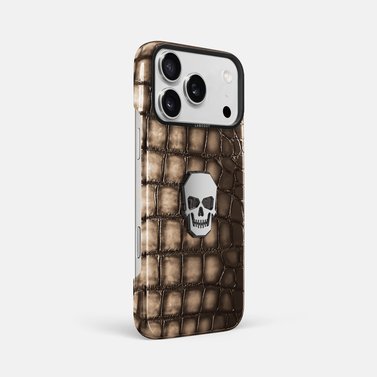 Classic Case With Titanium Skull For iPhone 17 Pro Max In Patina Alligator -2 | Etoupe-Black