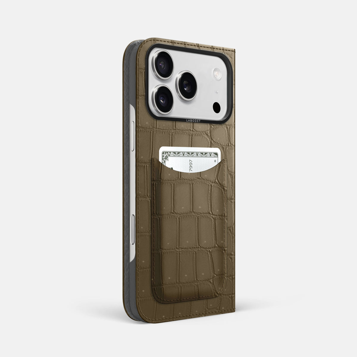 Folio Case with Card For iPhone 18 Pro Max In Porosus Crocodile -1 | Kaki-Green-Black