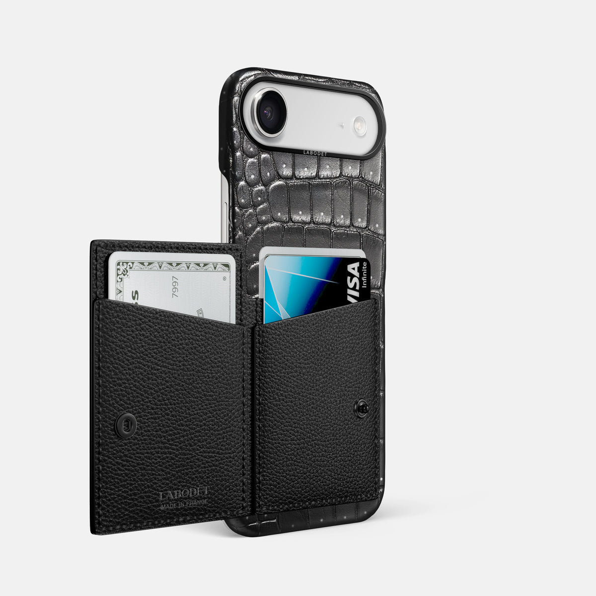 Bi-Fold Case For iPhone 17 Air In Porosus Crocodile -2 | Shiny-Black-Black