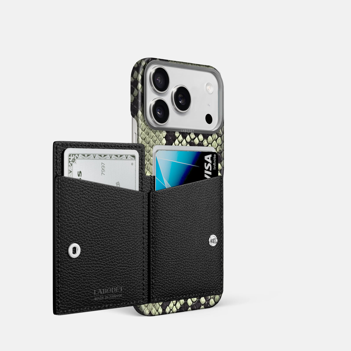Bi-Fold Case For iPhone 18 Pro In Deluxe Python -2 | Army-Green-Steel