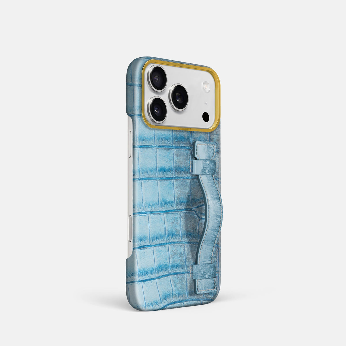 Handle Case For iPhone 18 Pro In Himalayan Crocodile -2 | Ice-Blue-Gold