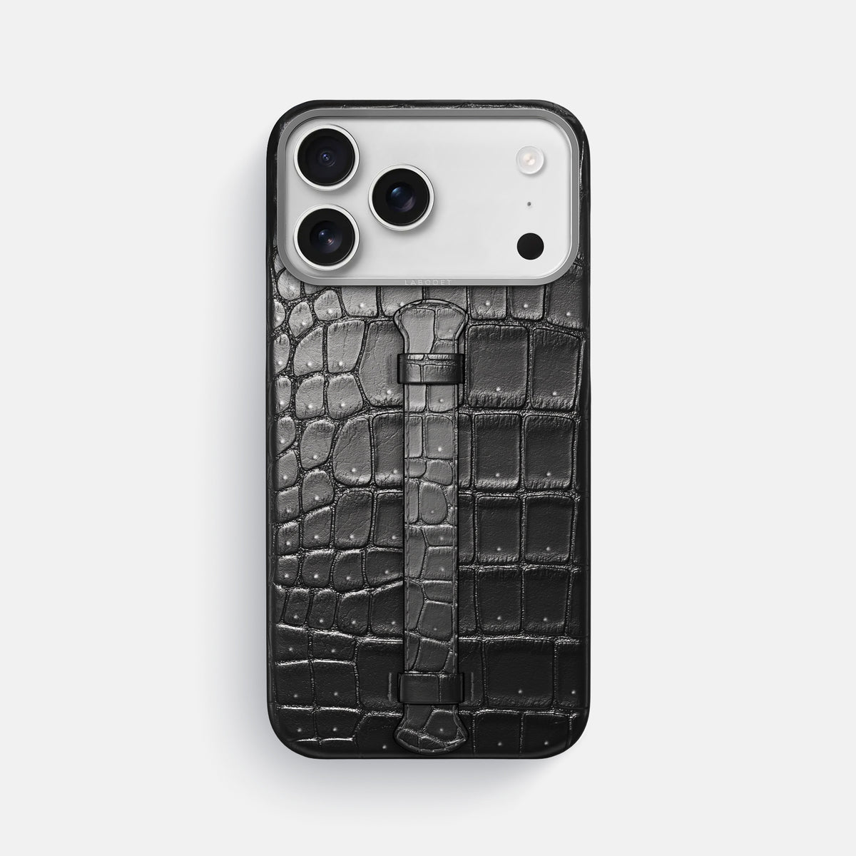 Center Handle For iPhone 17 Pro Max In Porosus Crocodile -1 | Shiny-Black-Steel