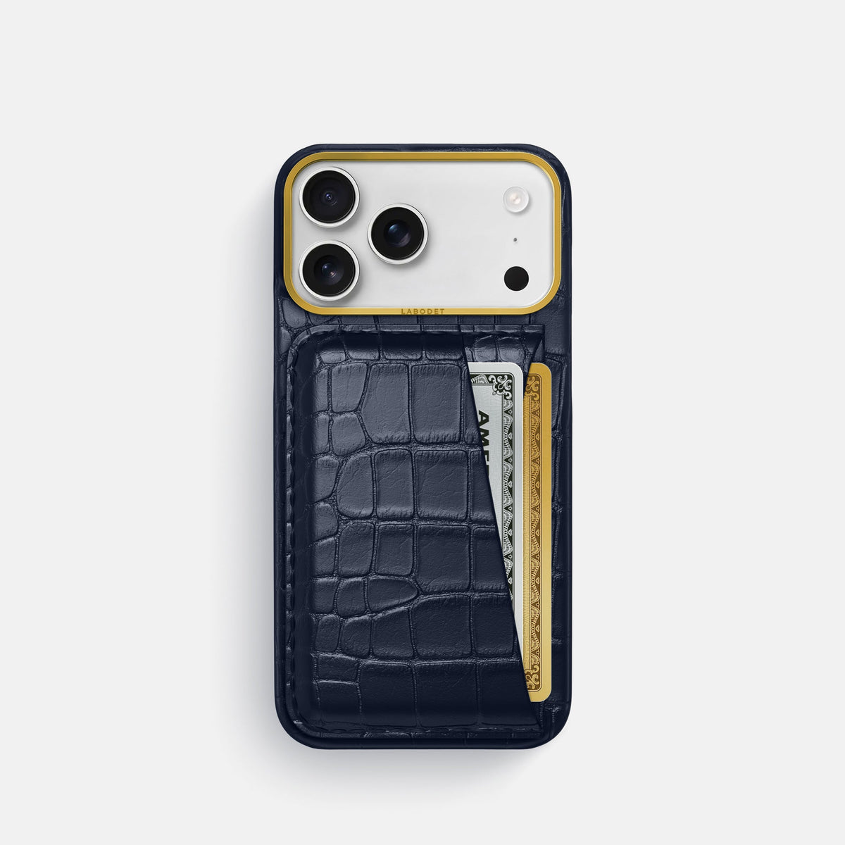 Double Card Case For iPhone 18 Pro In Alligator -1 | Navy-Blue-Gold