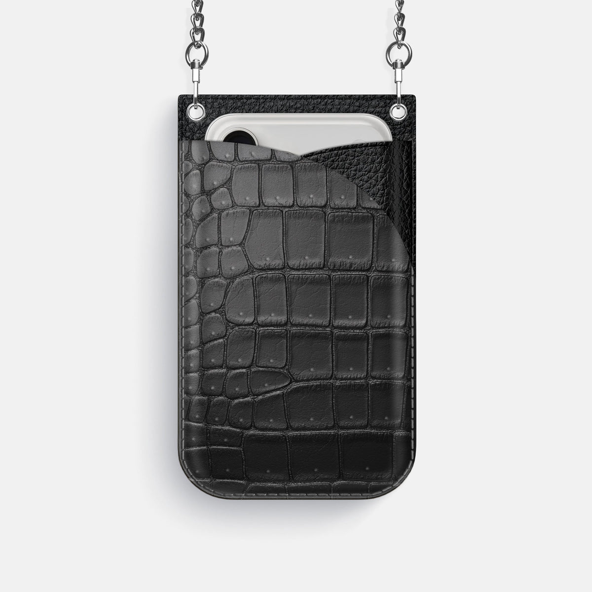 Crossbody Bag For iPhone 18 Pro In Porosus Crocodile -1 | Black-Steel