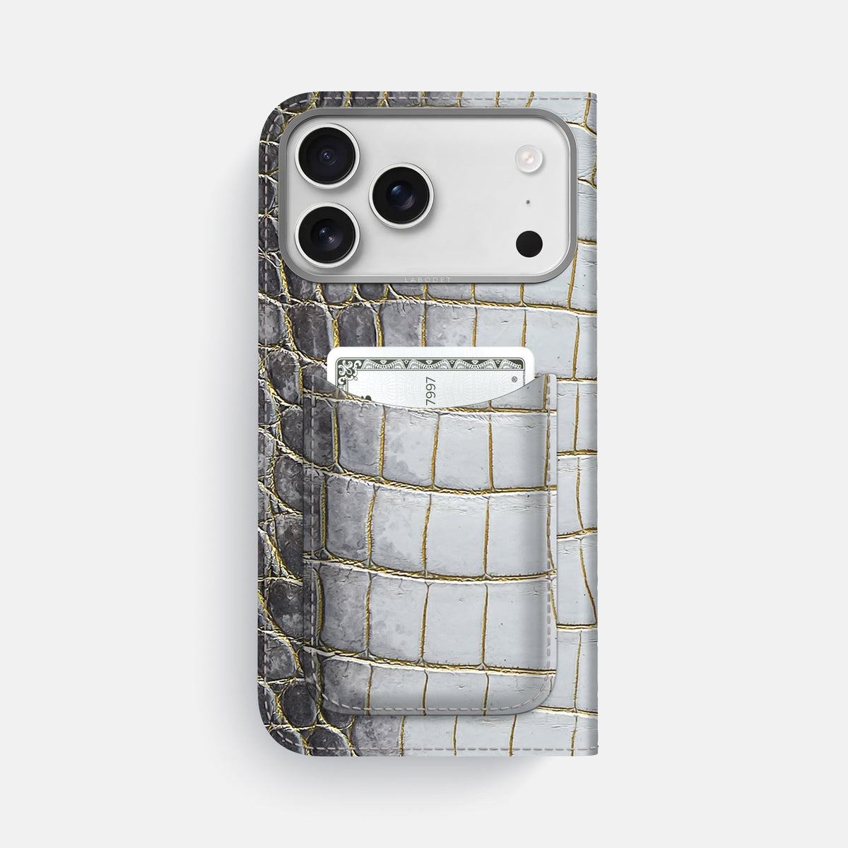 Folio Case with Card For iPhone 17 Pro Max In Himalayan Crocodile -3 | Gold-Steel