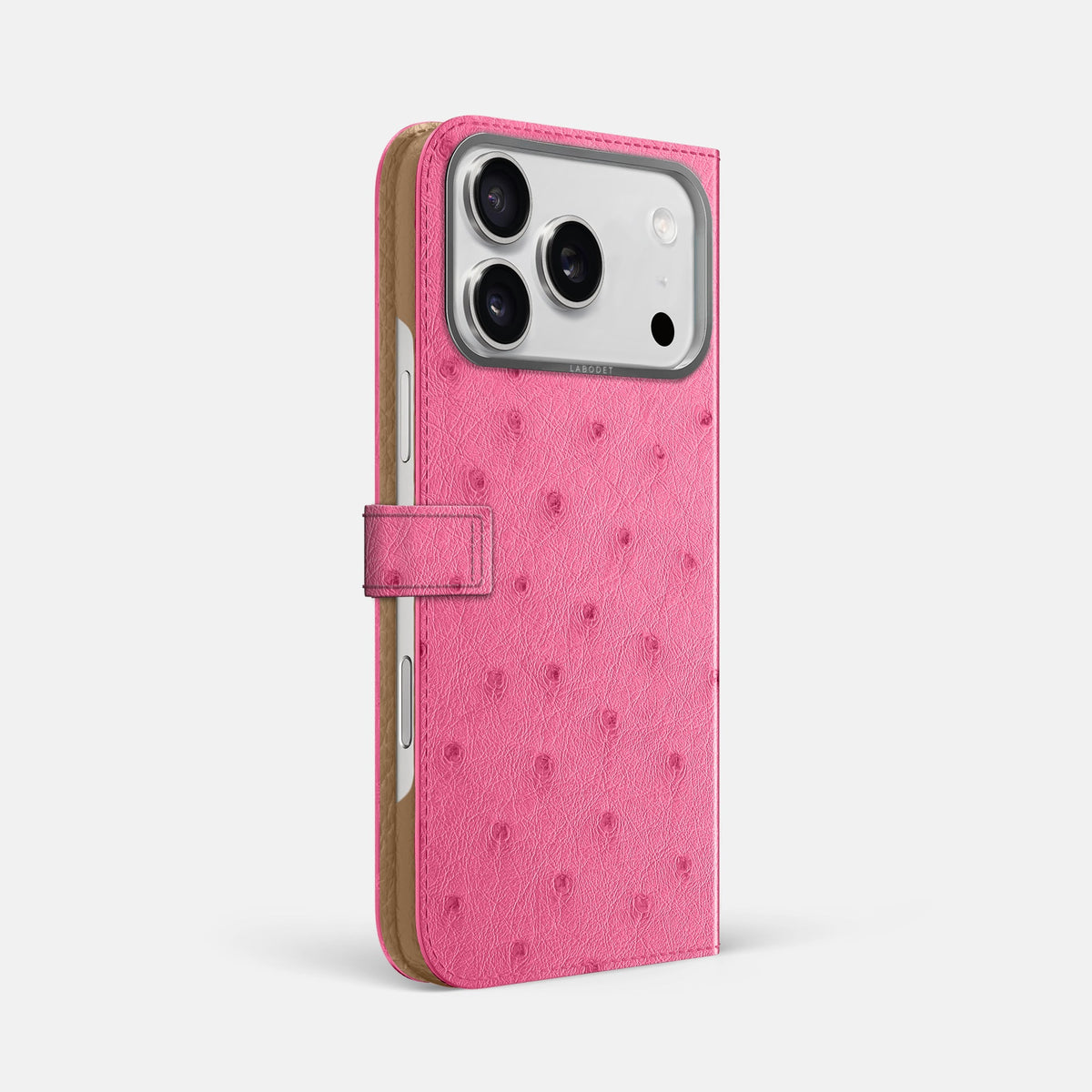 Folio Case with Clasp For iPhone 18 Pro Max In Ostrich -1 | Pink-Steel