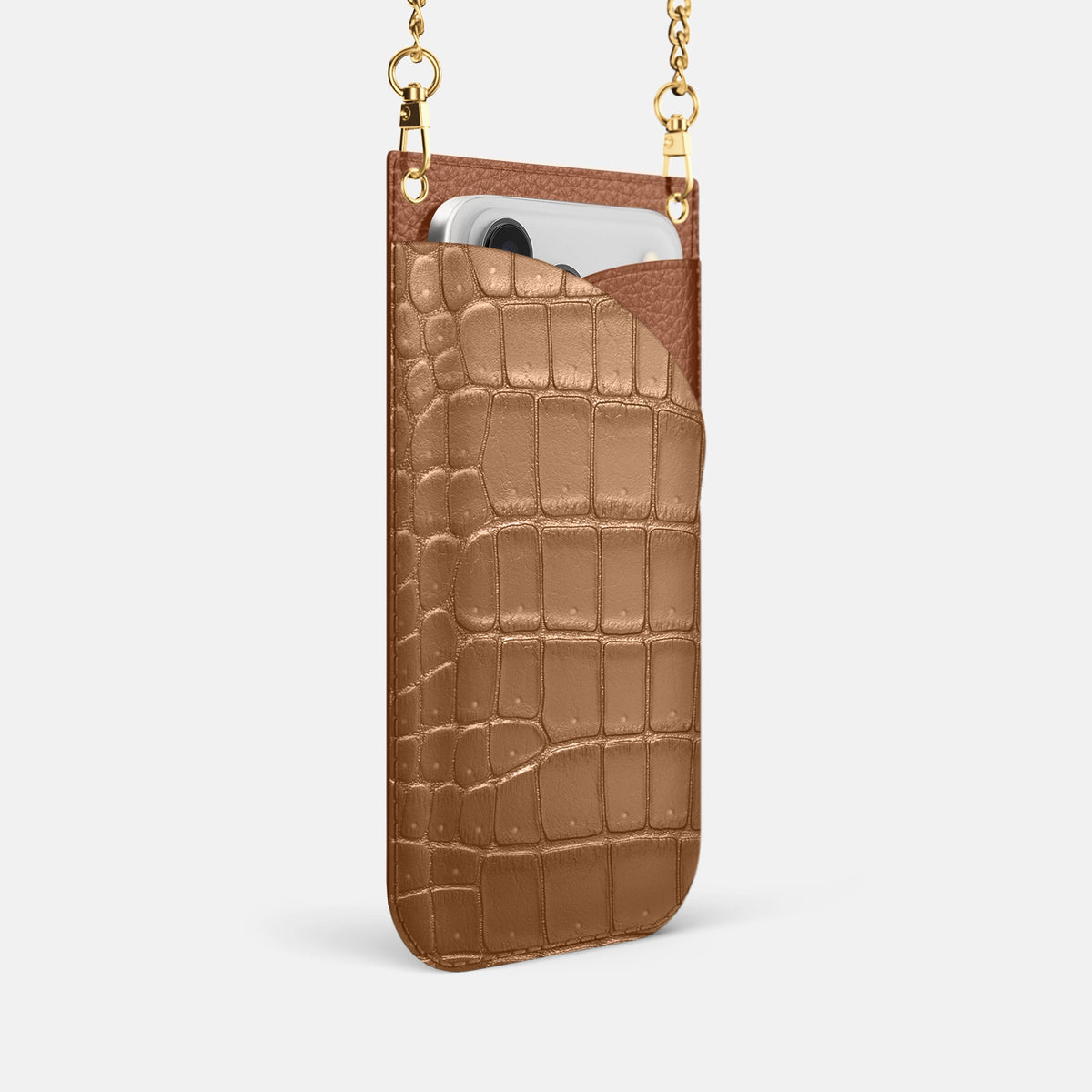 Crossbody Bag For iPhone 18 Pro In Porosus Crocodile -2 | Milk-Chocolate-Gold