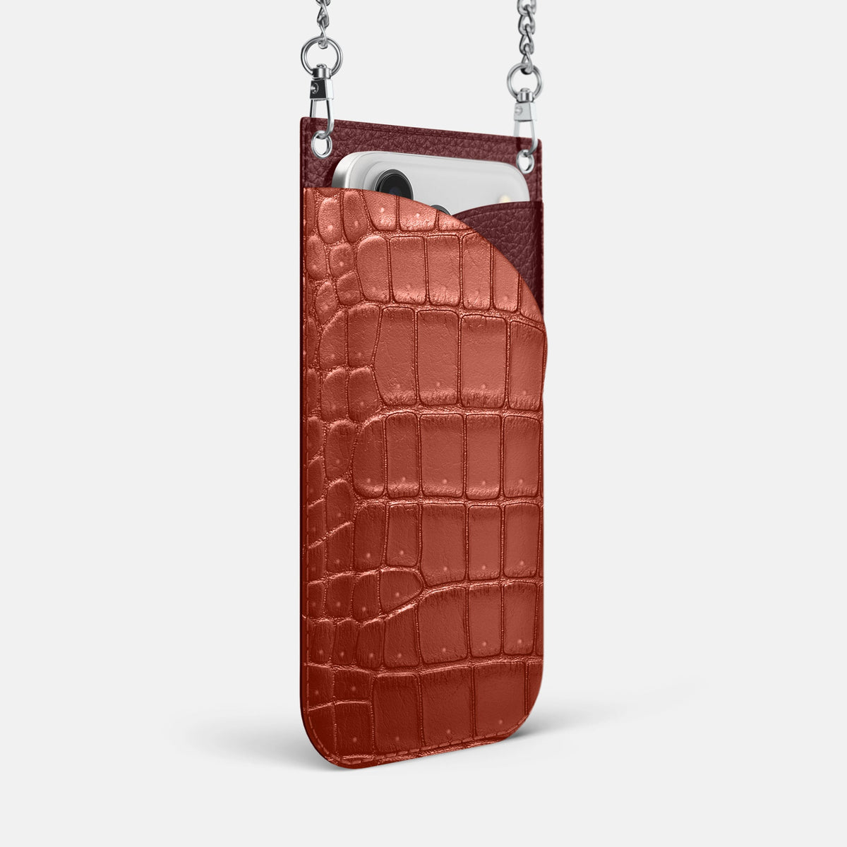 Crossbody Bag For iPhone 18 Pro Max In Porosus Crocodile -2 | Mahogany-Brown-Steel